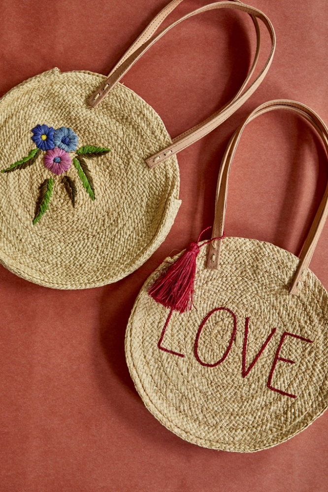 Round Raffia Shoulder Bag Flower Embroidery Rice DK